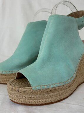 Kenneth Cole Olivia Aqua Blue Suede Peep-Toe Wedge Espadrille Sandal Size 9.5